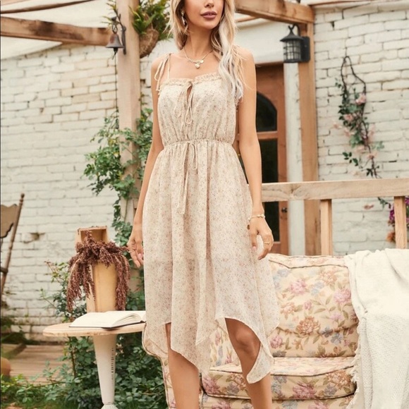 Floral dress ruffle chiffon flower womens summer floral garden dress cream - Picture 6 of 6